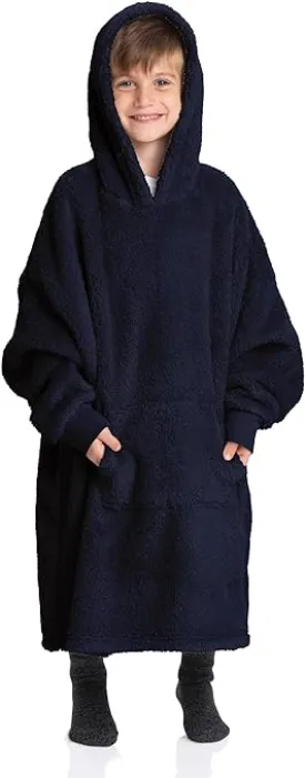 Navy Kids Sherpa Hoodie Blanket - Ultimate Coziness for Play, Sleep, and Adventure