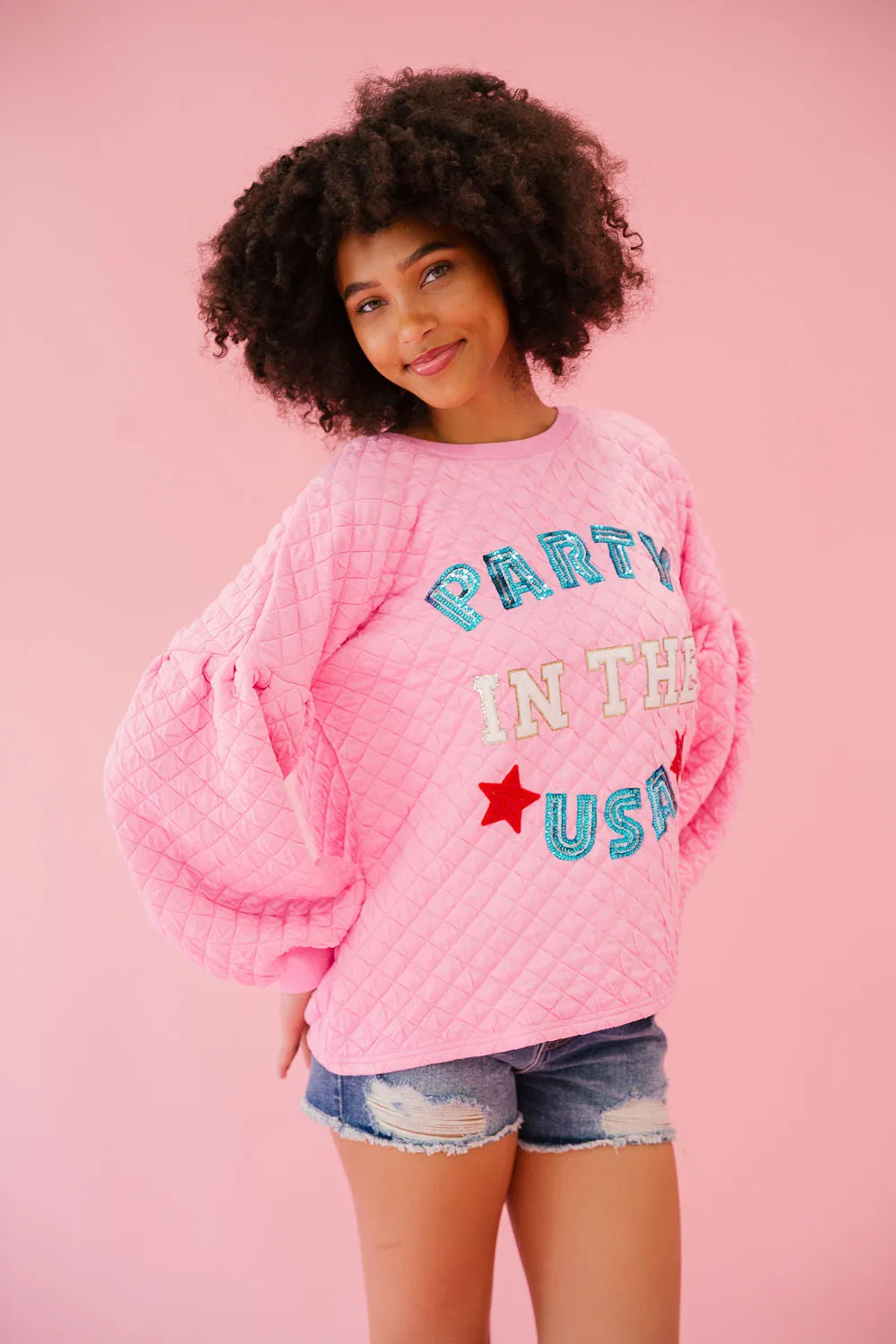 PARTY IN THE USA PINK QUILTED PULLOVER