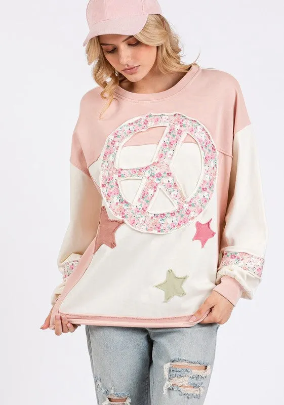 Peace & Star Patch Contrast Round Neck Sweatshirt