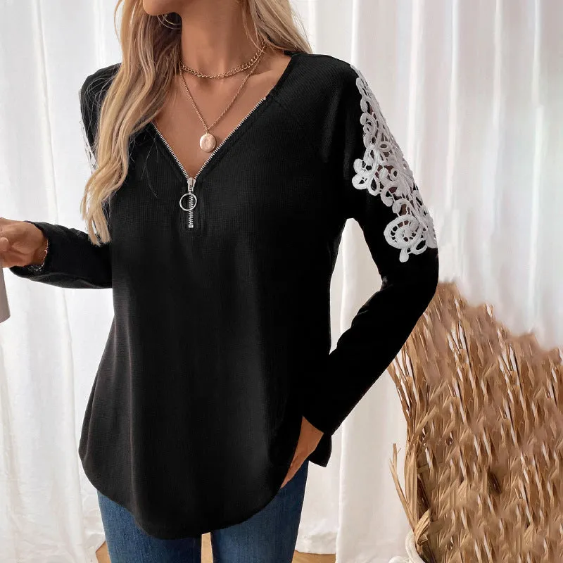 PEOPLETERRITORY new women's lace splicing long-sleeved T-shirt versatile and comfortable  classic women's top