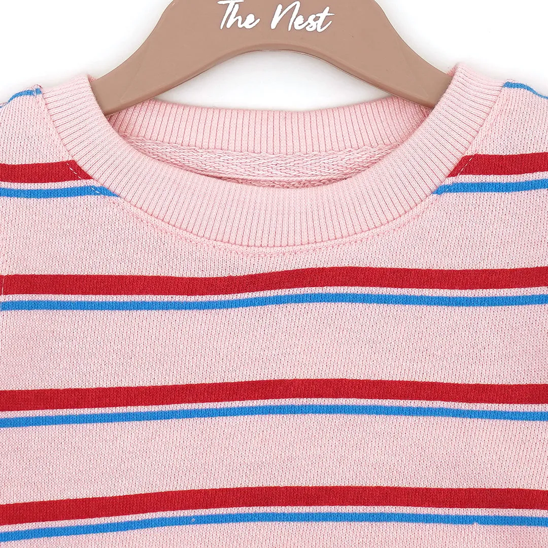 Pink Sweatshirt with Red and Blue Stripes