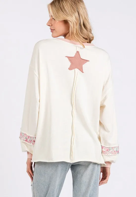 SAGE   FIG Peace & Star Patch Contrast Round Neck Sweatshirt