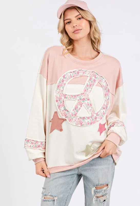 SAGE   FIG Peace & Star Patch Contrast Round Neck Sweatshirt