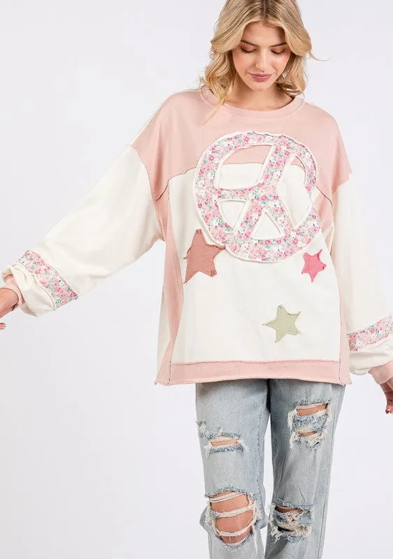 SAGE   FIG Peace & Star Patch Contrast Round Neck Sweatshirt