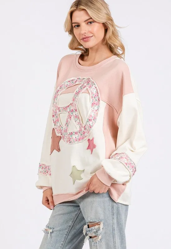 SAGE   FIG Peace & Star Patch Contrast Round Neck Sweatshirt