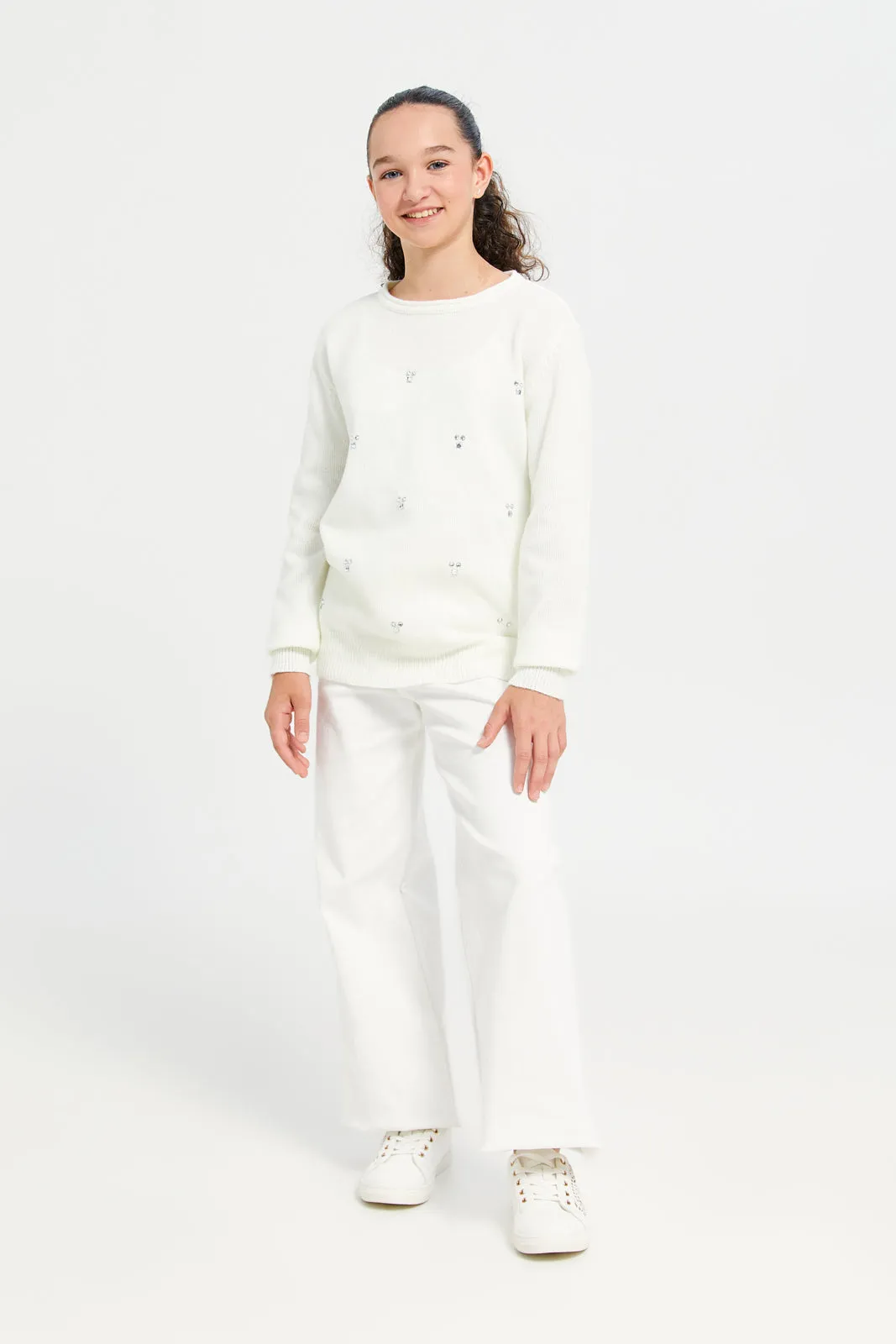 Senior Girls Cream Embellished Pullover