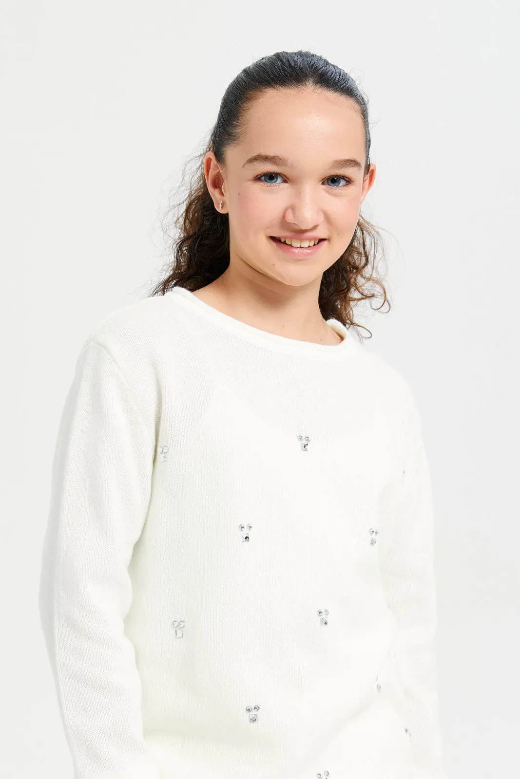 Senior Girls Cream Embellished Pullover