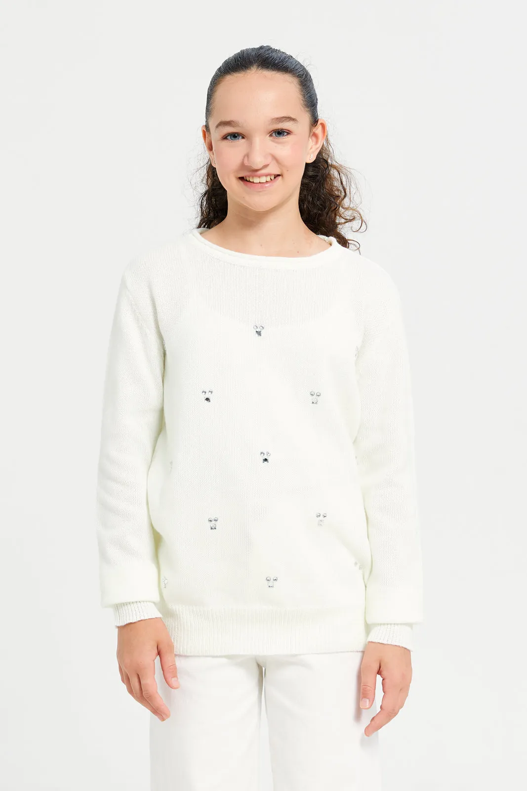 Senior Girls Cream Embellished Pullover