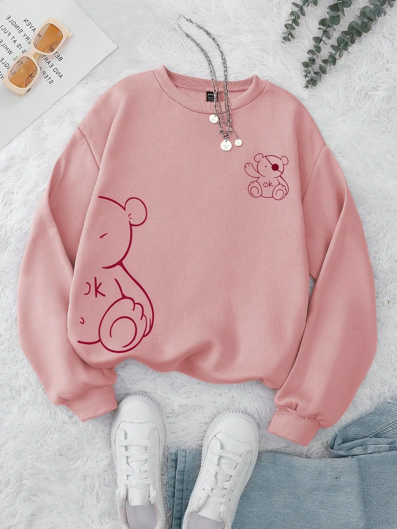 SHEIN EZwear Bear & Letter Graphic Thermal Lined Sweatshirt