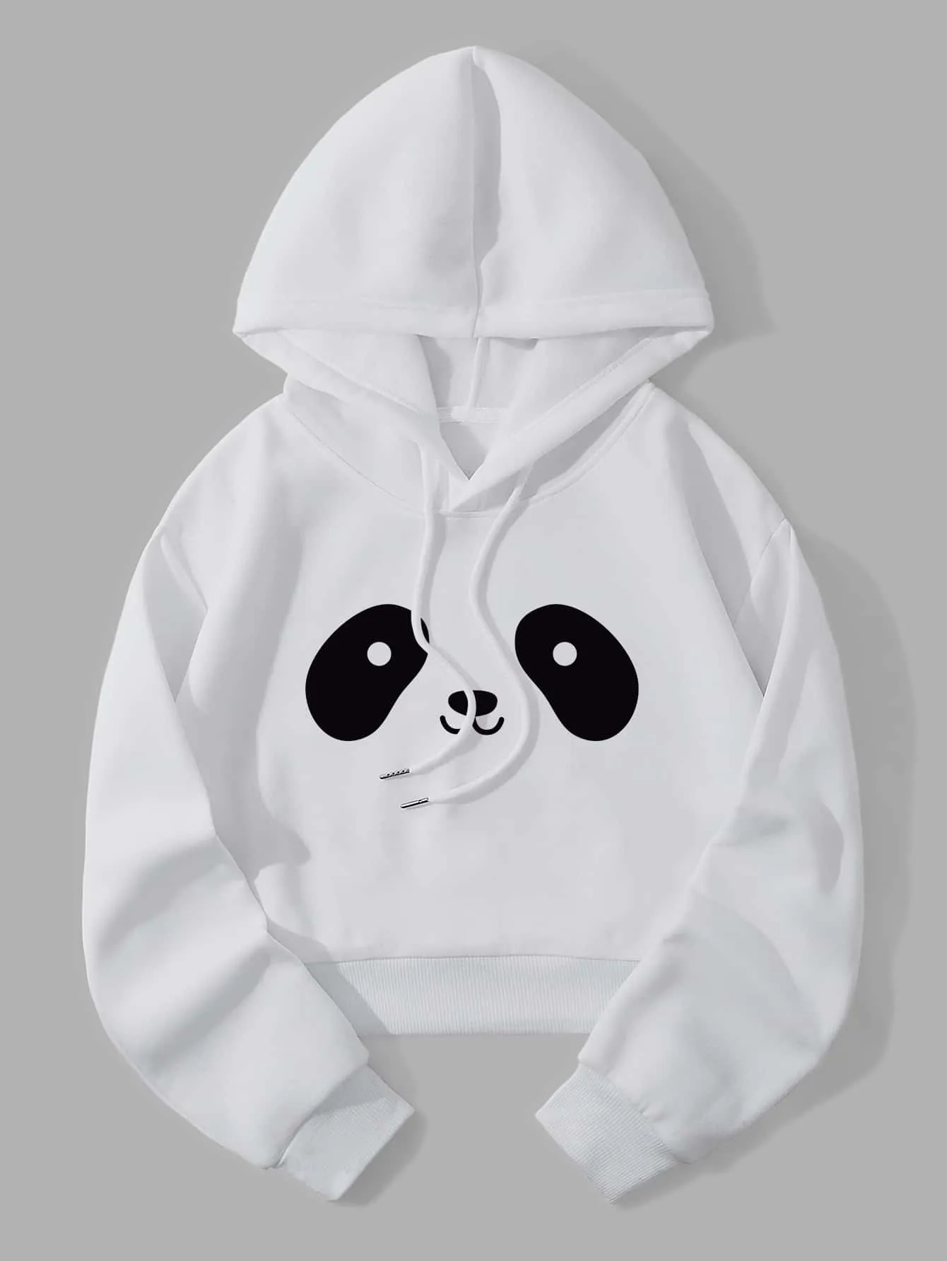 SHEIN Qutie Panda Print Thermal Lined Drawstring Crop Hoodie