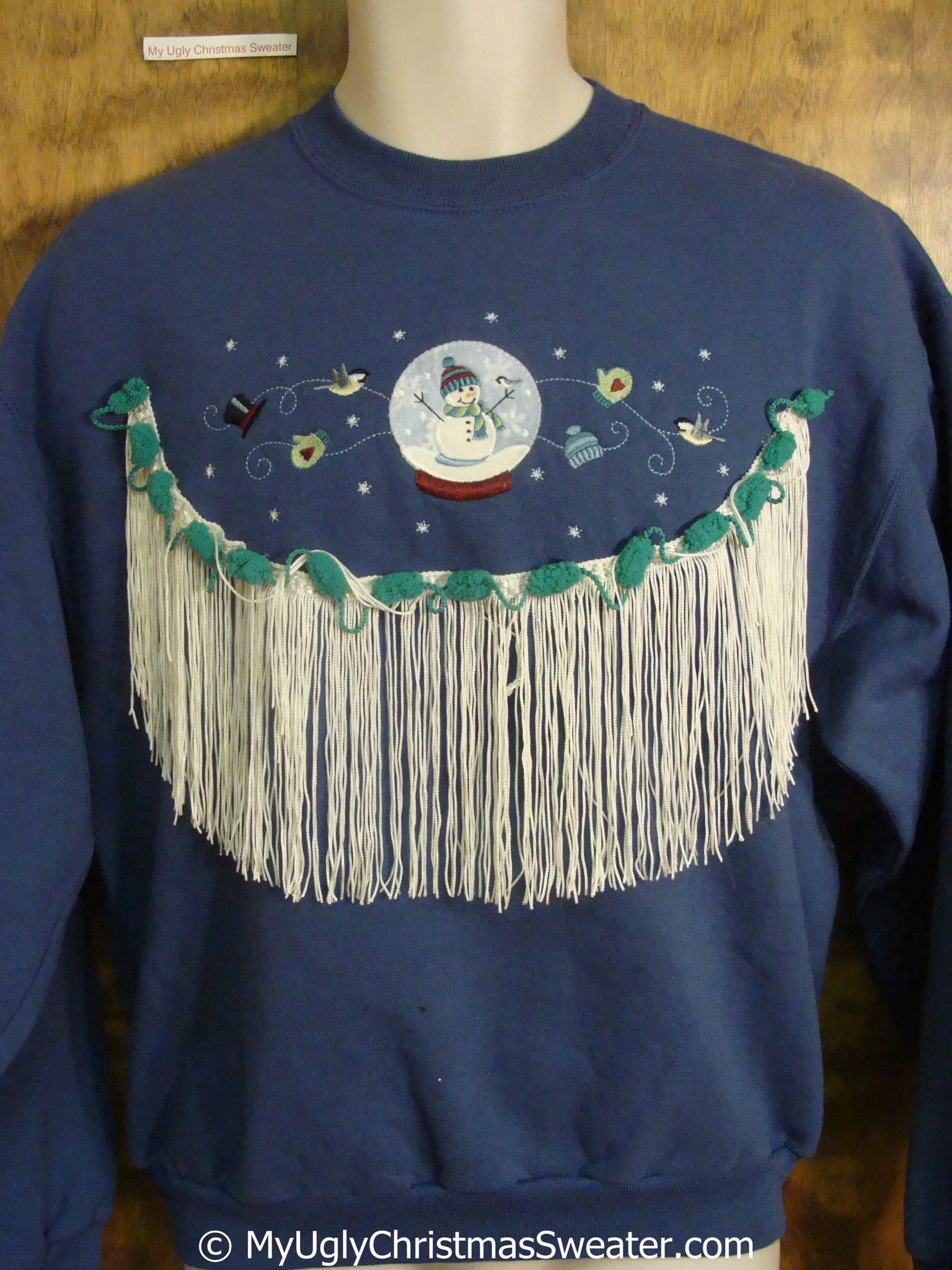 Snowglobe Snowman Tacky Christmas Sweatshirt with LONG Fringe