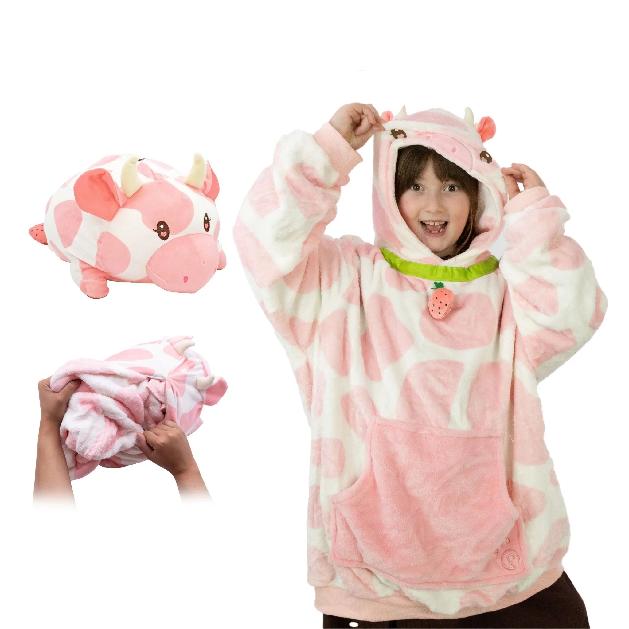 Strawberry Cow Kids Snugible | Blanket Hoodie & Pillow