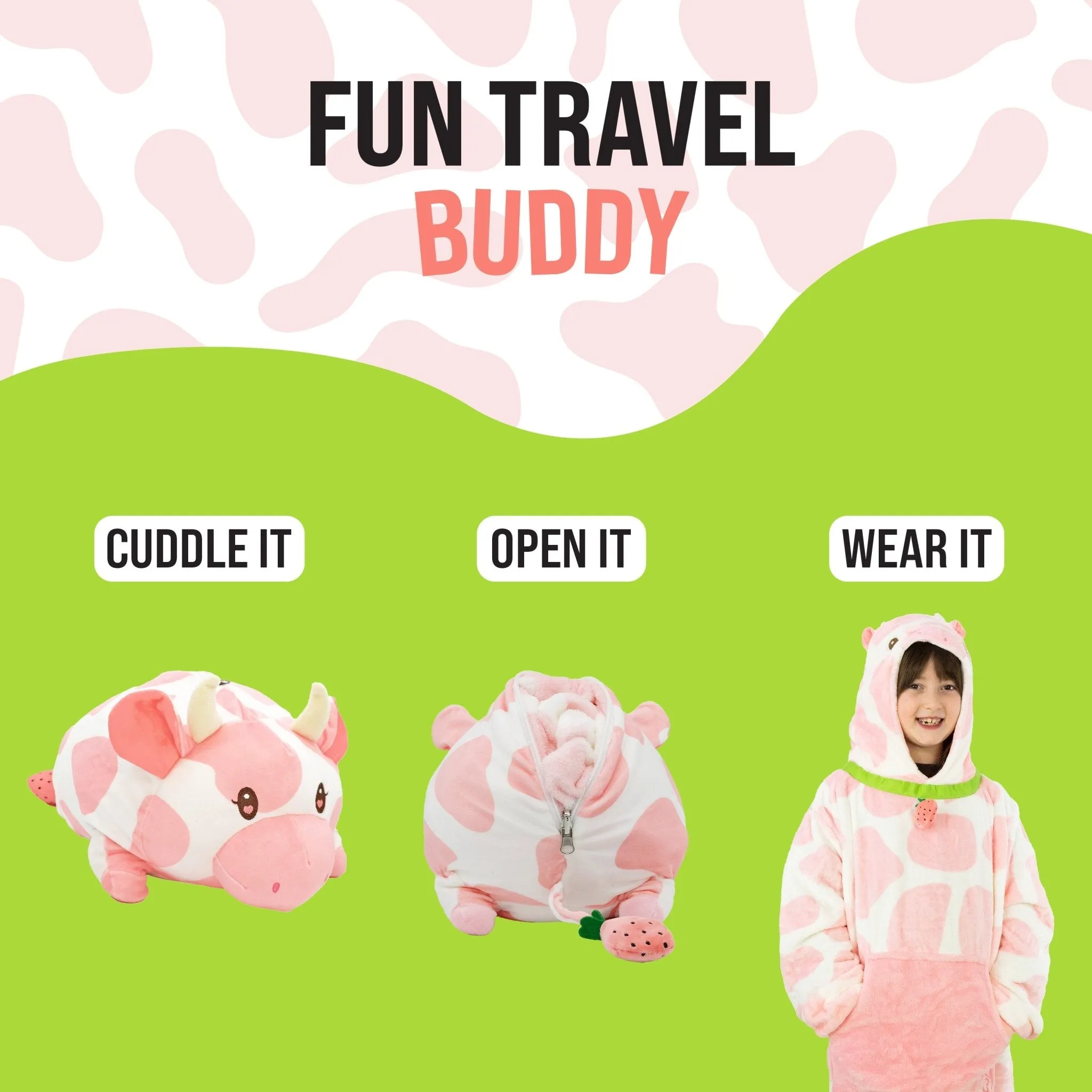 Strawberry Cow Kids Snugible | Blanket Hoodie & Pillow