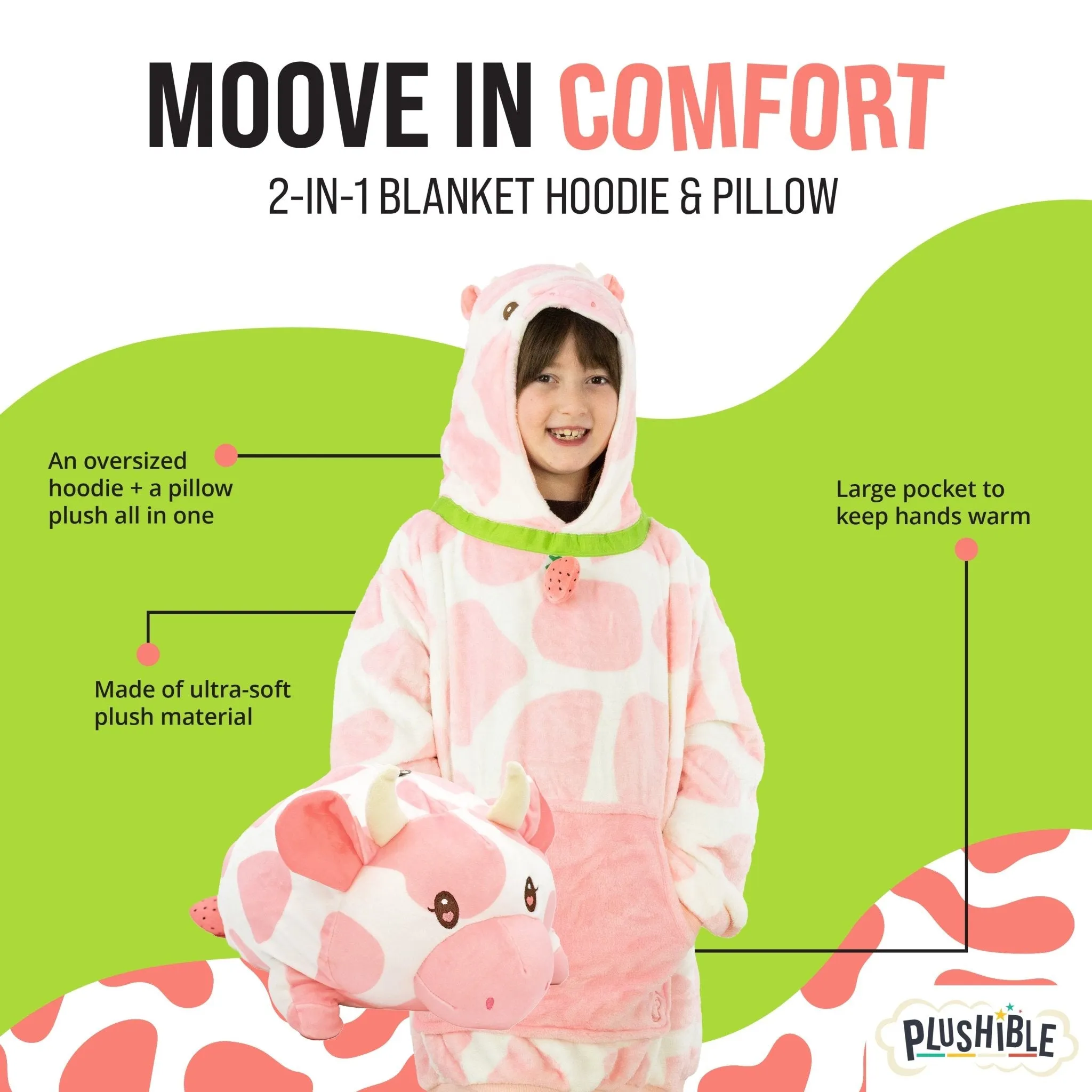 Strawberry Cow Kids Snugible | Blanket Hoodie & Pillow