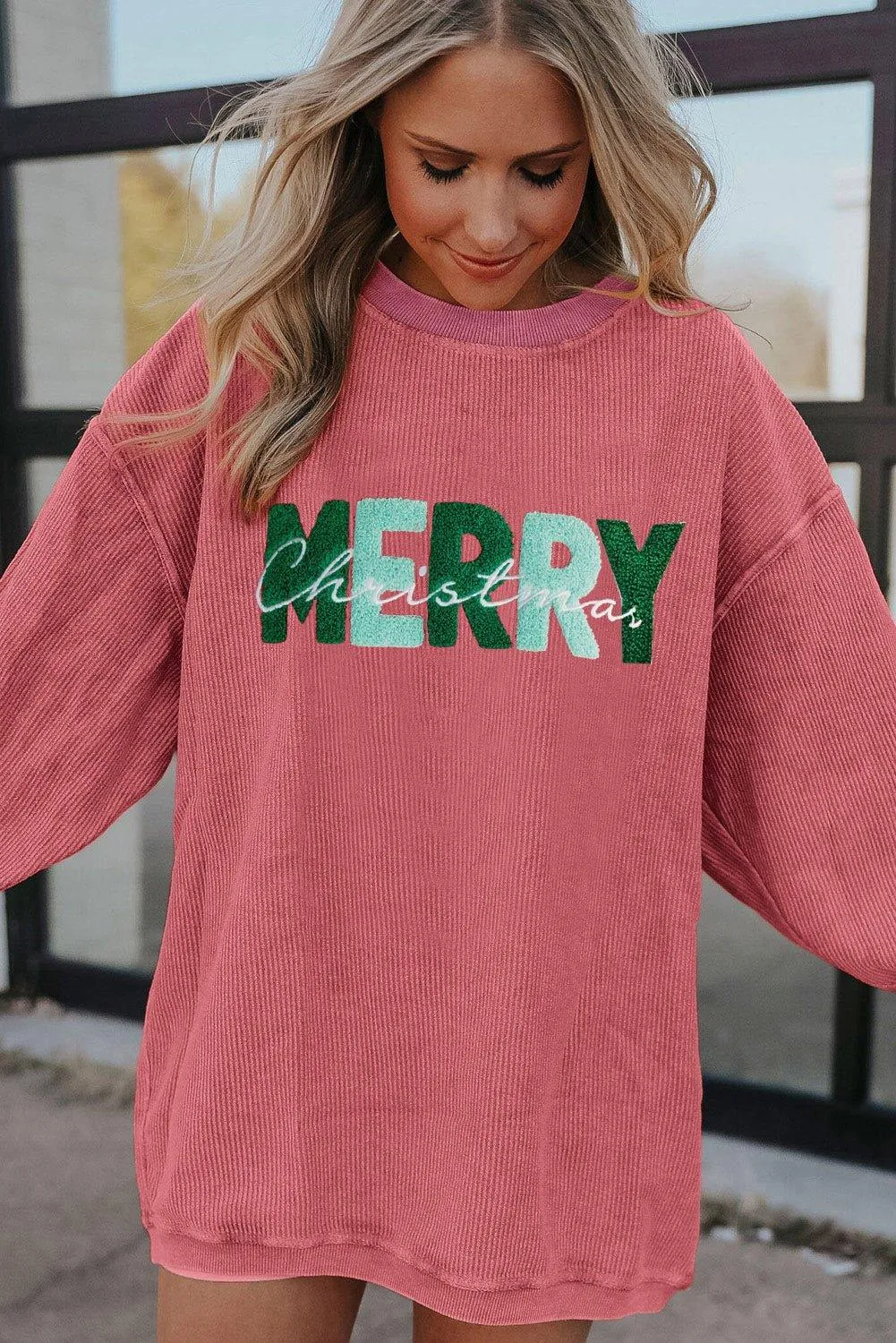 Strawberry Pink Corduroy "MERRY Christmas" Sweatshirt