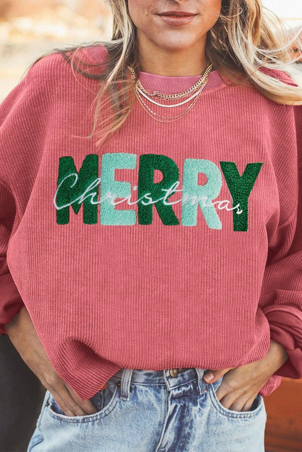 Strawberry Pink Corduroy "MERRY Christmas" Sweatshirt