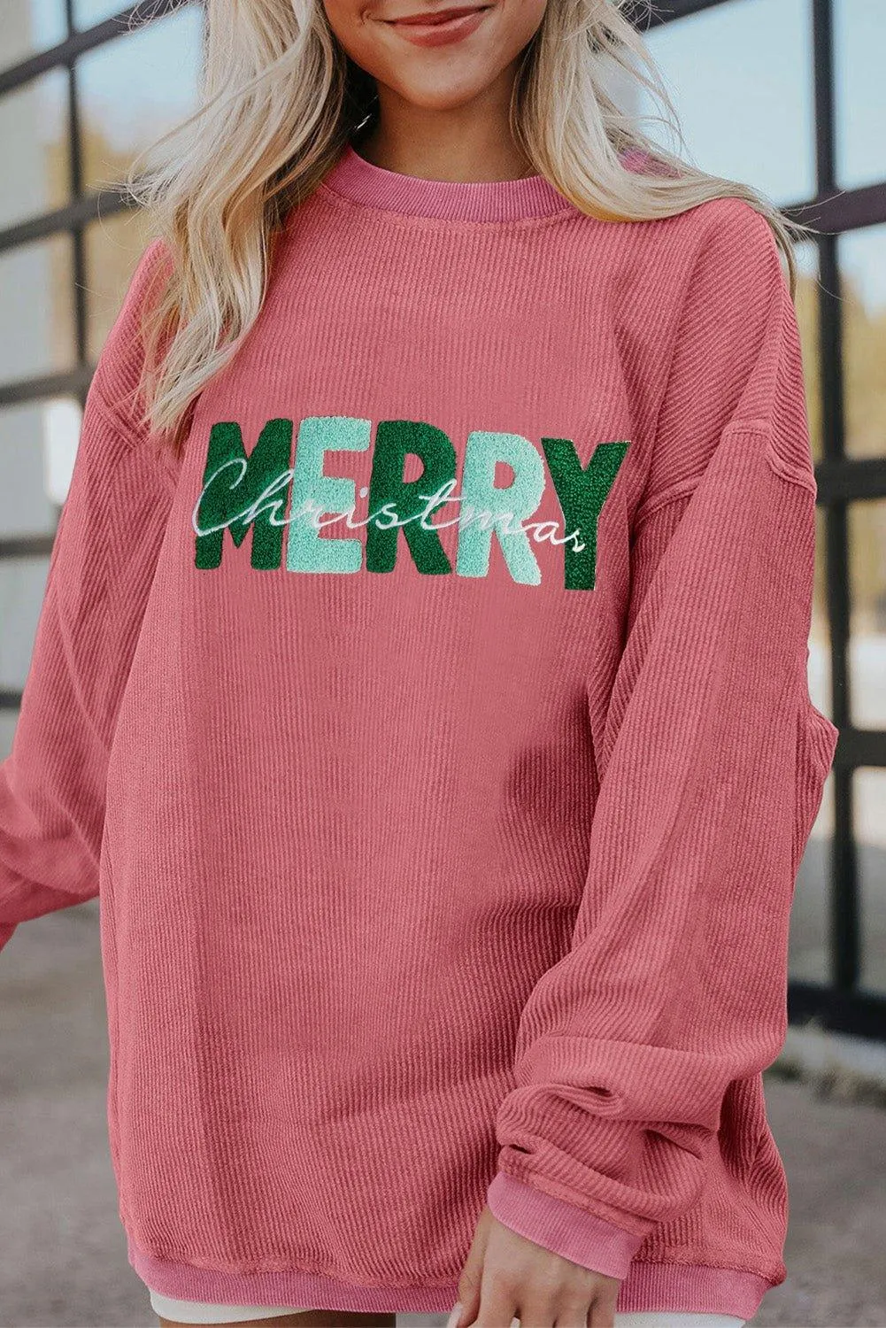 Strawberry Pink Corduroy "MERRY Christmas" Sweatshirt