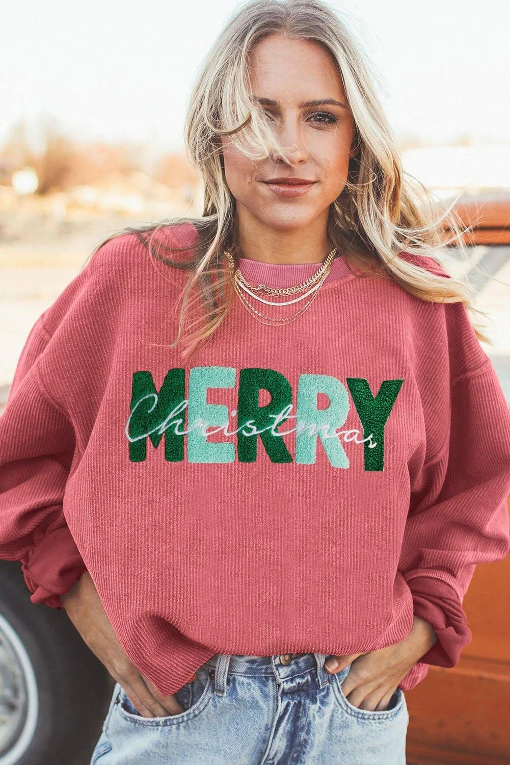 Strawberry Pink Corduroy "MERRY Christmas" Sweatshirt