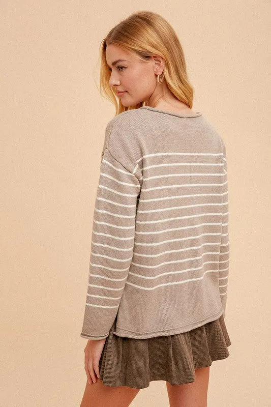 STRIPED SWEATER WITH ROLLED TRIM