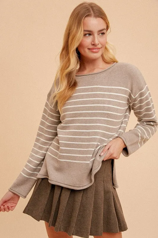 STRIPED SWEATER WITH ROLLED TRIM