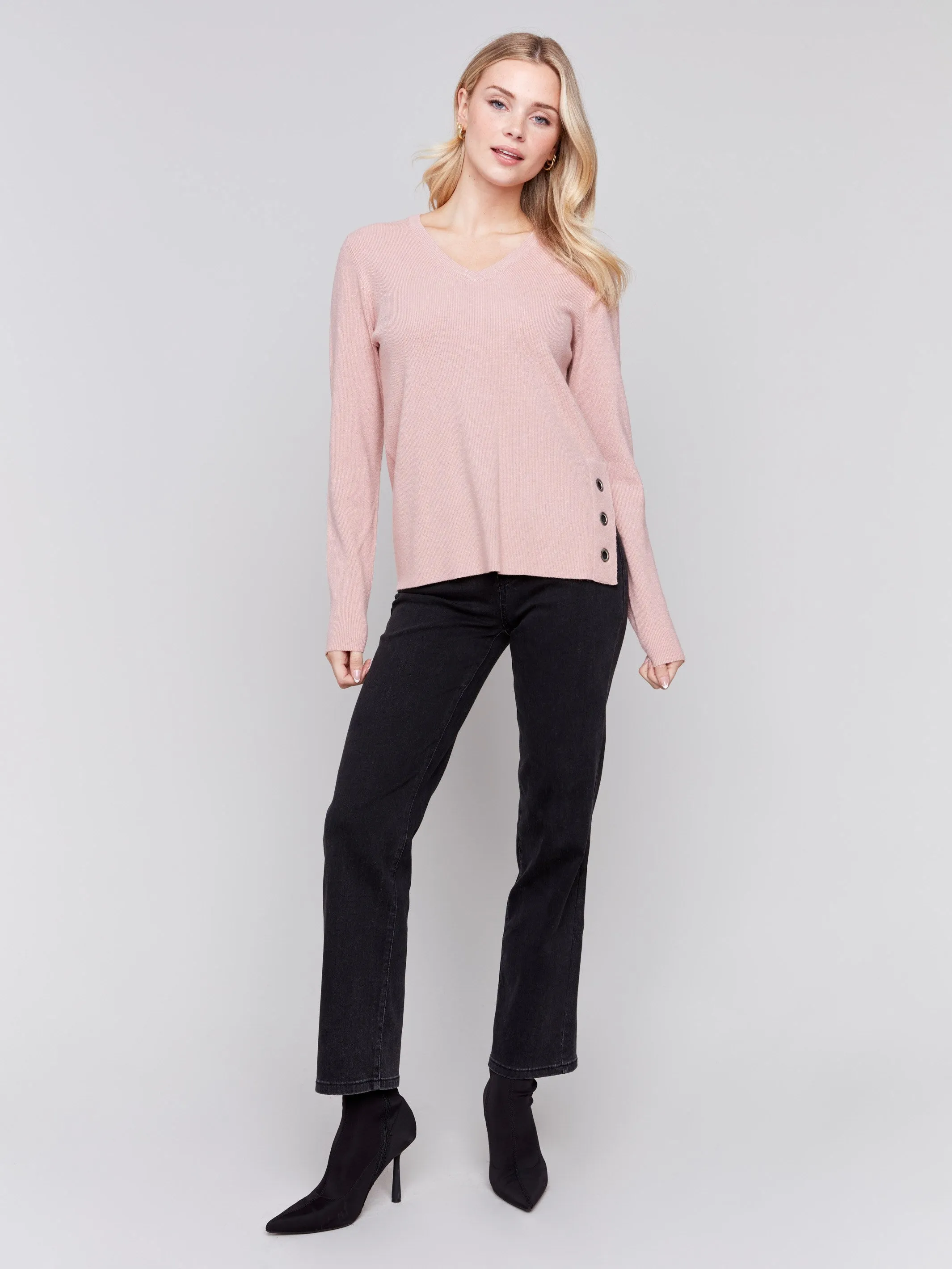 V-Neck Sweater with Grommet Detail - Woodrose