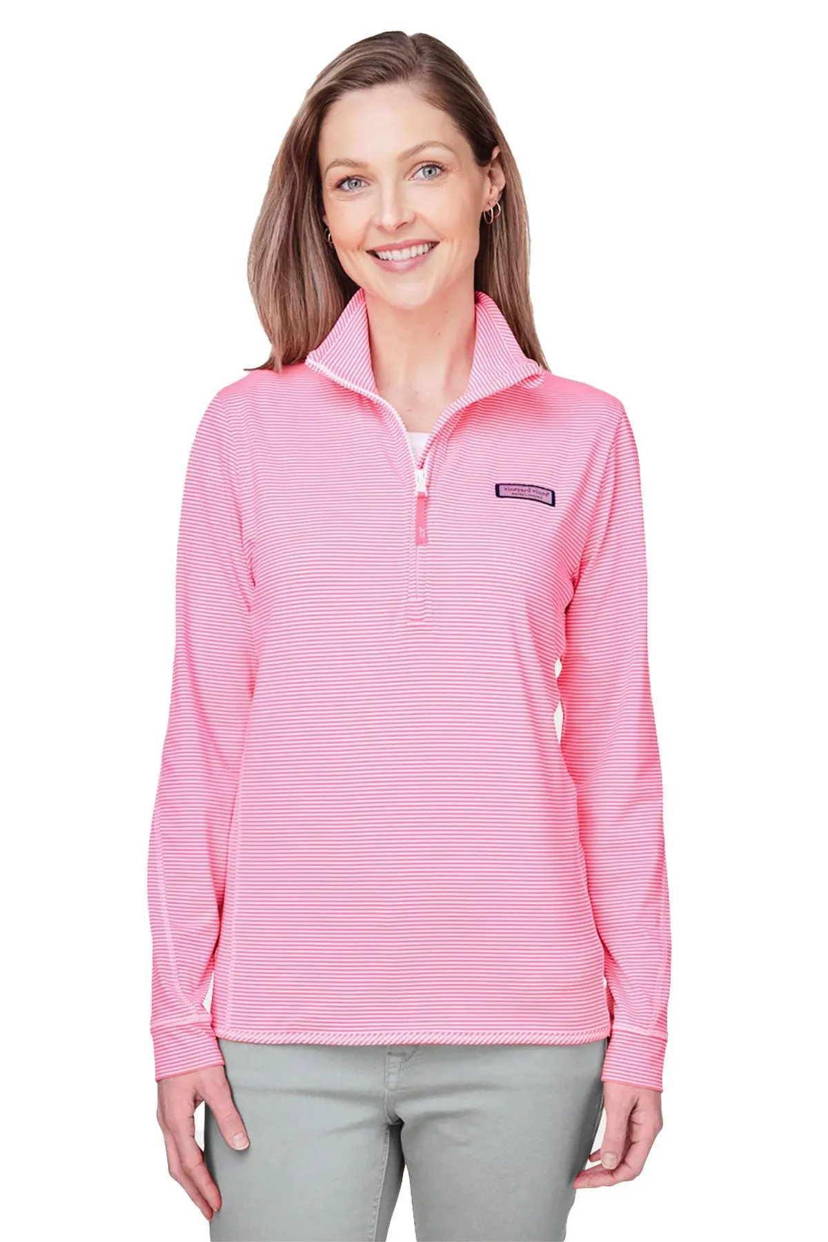 Vineyard Vines Custom Ladies Microstripe Sankaty Half-Zips, Knockout Pink