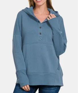 Zenana Women Hoodie Dusty Blue Half Snap Long Sleeve with Kangaroo Pocket